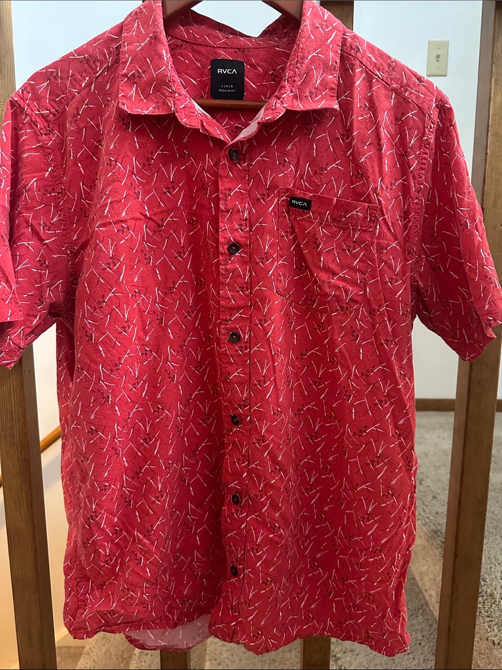 RVCA Red Short-Sleeve Button-Down Shirt with White & Black Print